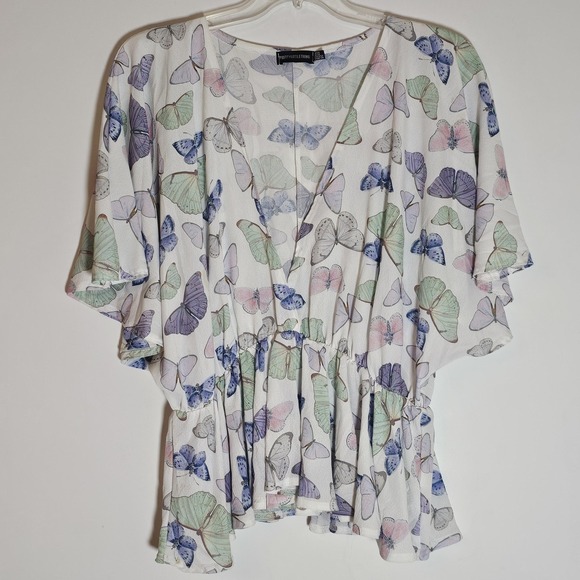 PrettyLittleThing Tops - PrettyLittleThing Blouse Womens 2XL White Pastel Butterfly Kimono Top Plus Size